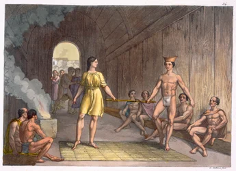 Kanadalainen intialainen vihkimisseremonia Jules Ferrarion teoksesta Le Costume Ancien et Moderne, osa I, levy 34, julkaistu noin 1820-30-luvulla